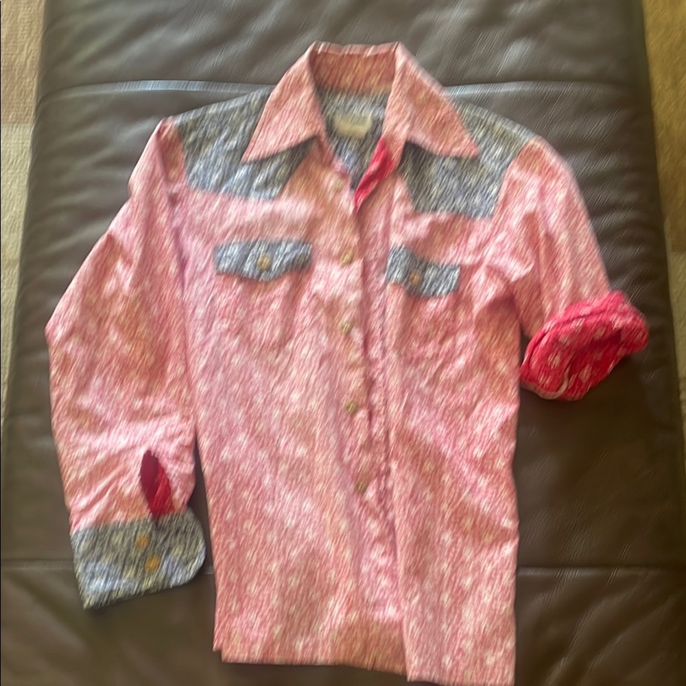 Pink and Gray Button Down Shirt with Decorative Yoke